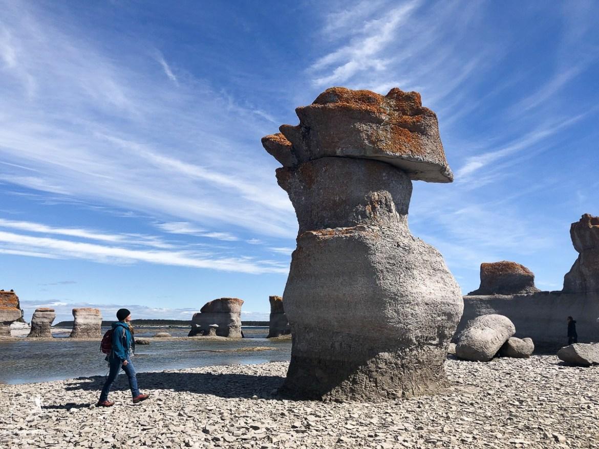 Hiking among the rock monoliths of the Mingan Archipelago in Quebec