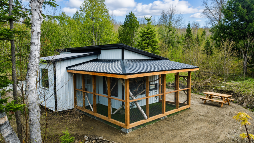 Vue de la cage a lémure du Chalet à louer Le Lémuria à Chaudière-Appalaches, hébergement insolite à Saint-Jacques-le-Majeur-de-Wolfestown.
