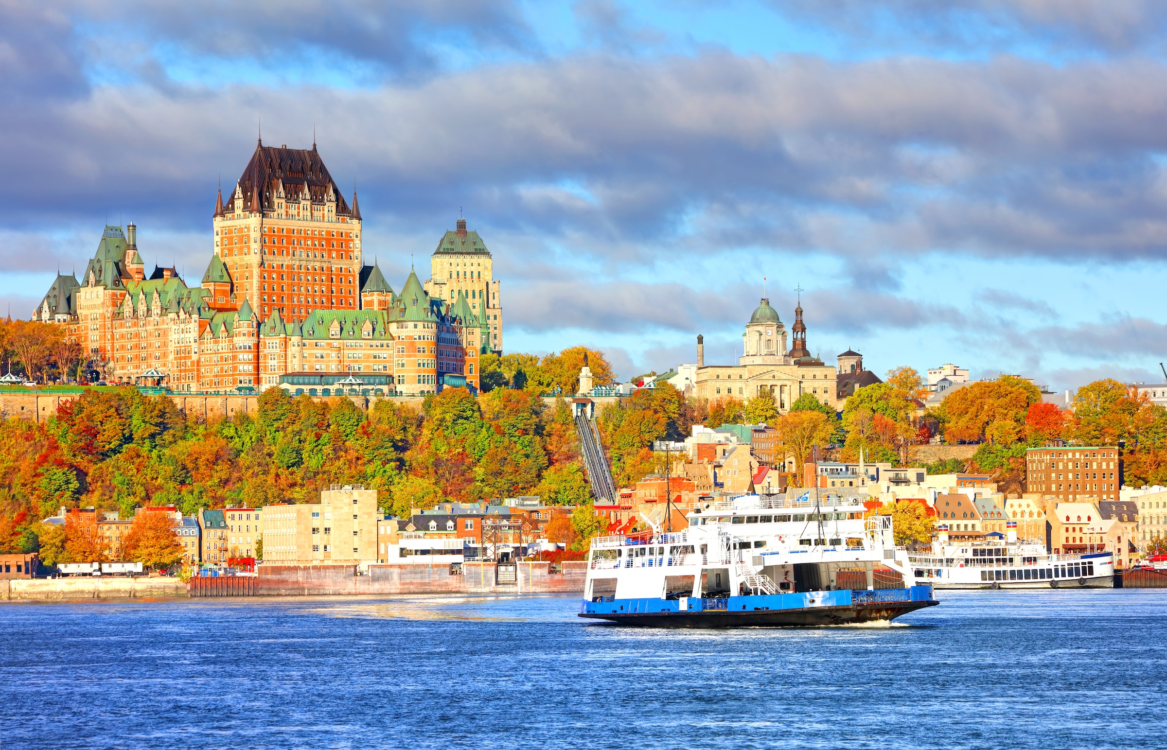 View of Quebec City in fall with Château Frontenac and the St. Lawrence River
